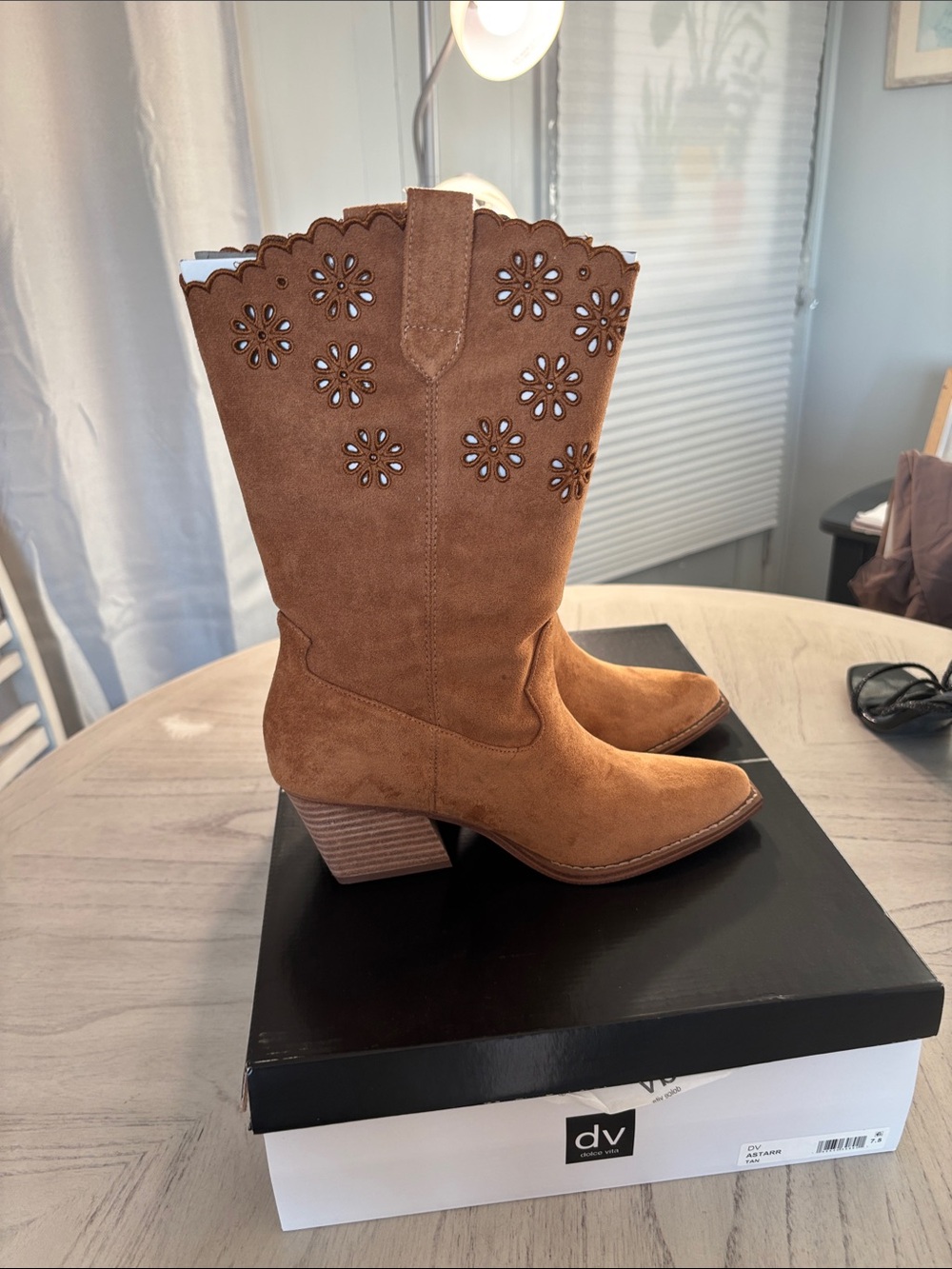 DV by Dolce Vita Chestnut Suede Western Mid-Calf Boot with Floral Cutouts